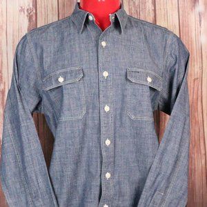 RRL Double RL Ralph Lauren Mens Large Blue Denim White Button Shirt Pockets